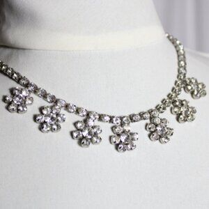 1940s Rhinestone Single Strand Antique Necklace w/ 7 Drop Flowers, 16 Inch